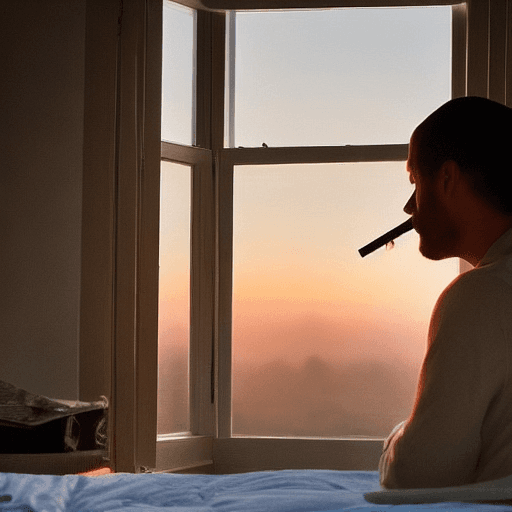 AI generated: At a 45 degree angle by the window, a man looked out of his bedroom window, passionately smoking a c...