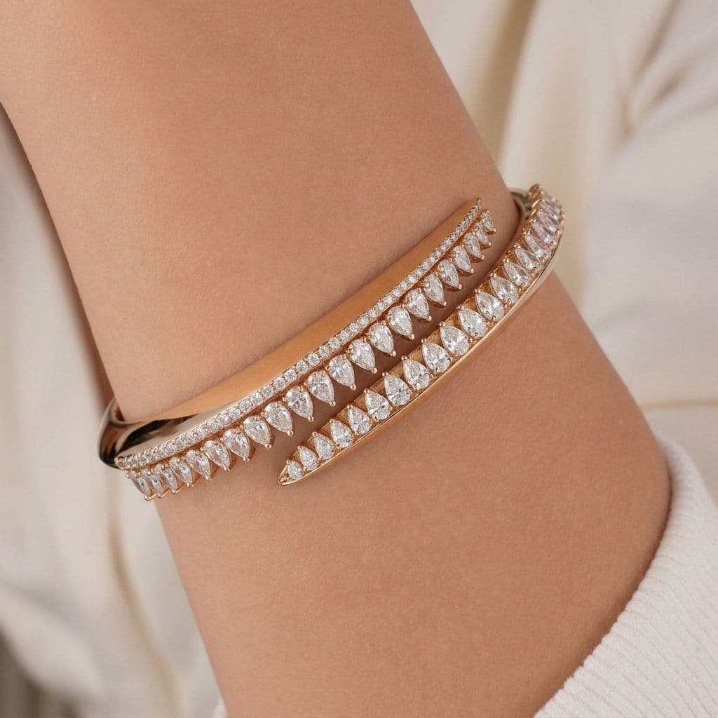 AI generated: Luxury 3D jewelry render of a modern open bangle bracelet inspired by minimalist high-end fine jewel...