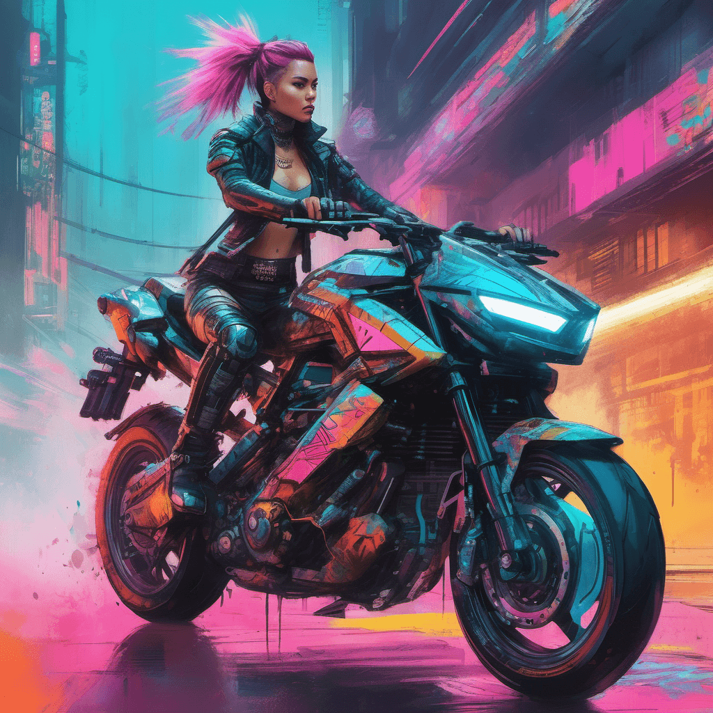 AI generated: a young punk woman riding a futuristic sports bike, ((cyberpunk armored outfit)) , armored , have 2k...