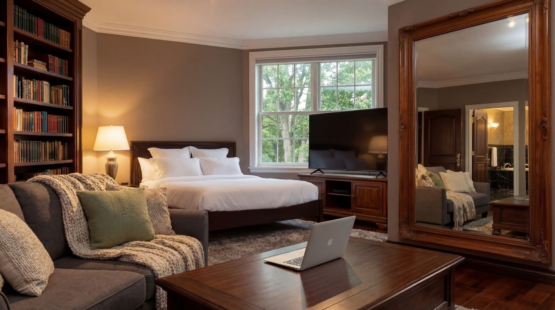 AI generated: The bed is well made. There is a large T.V. in front of the bed. There is a traditional American win...