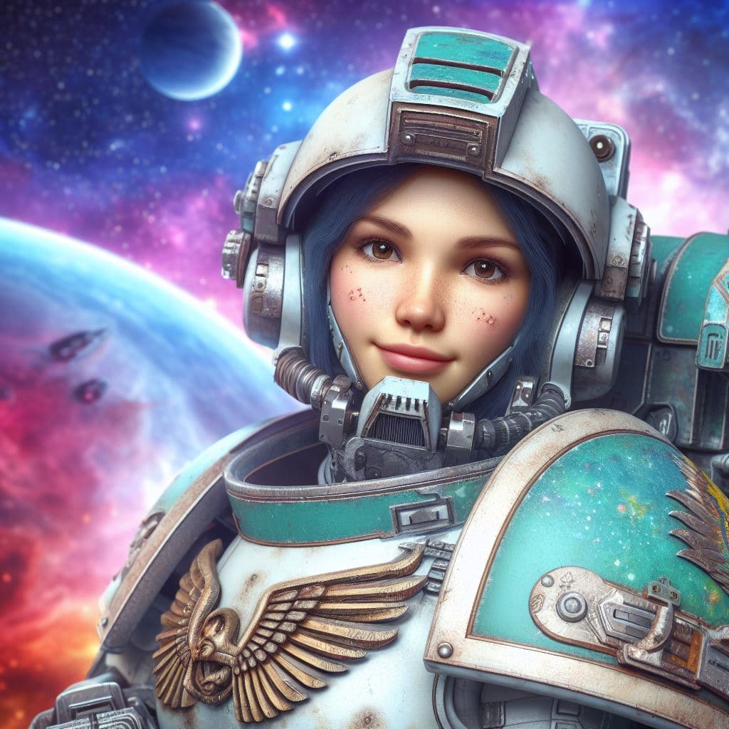 AI generated: Female spacemarine from the Warhammer 40000 universe,very detailed,sweet face,on an alien planet. Th...