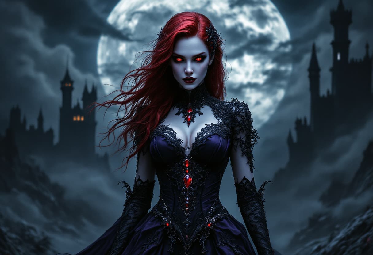 AI generated: A Female figure stands in a dark, gothic landscape, exuding an aura of mystery and power. Clothed in...
