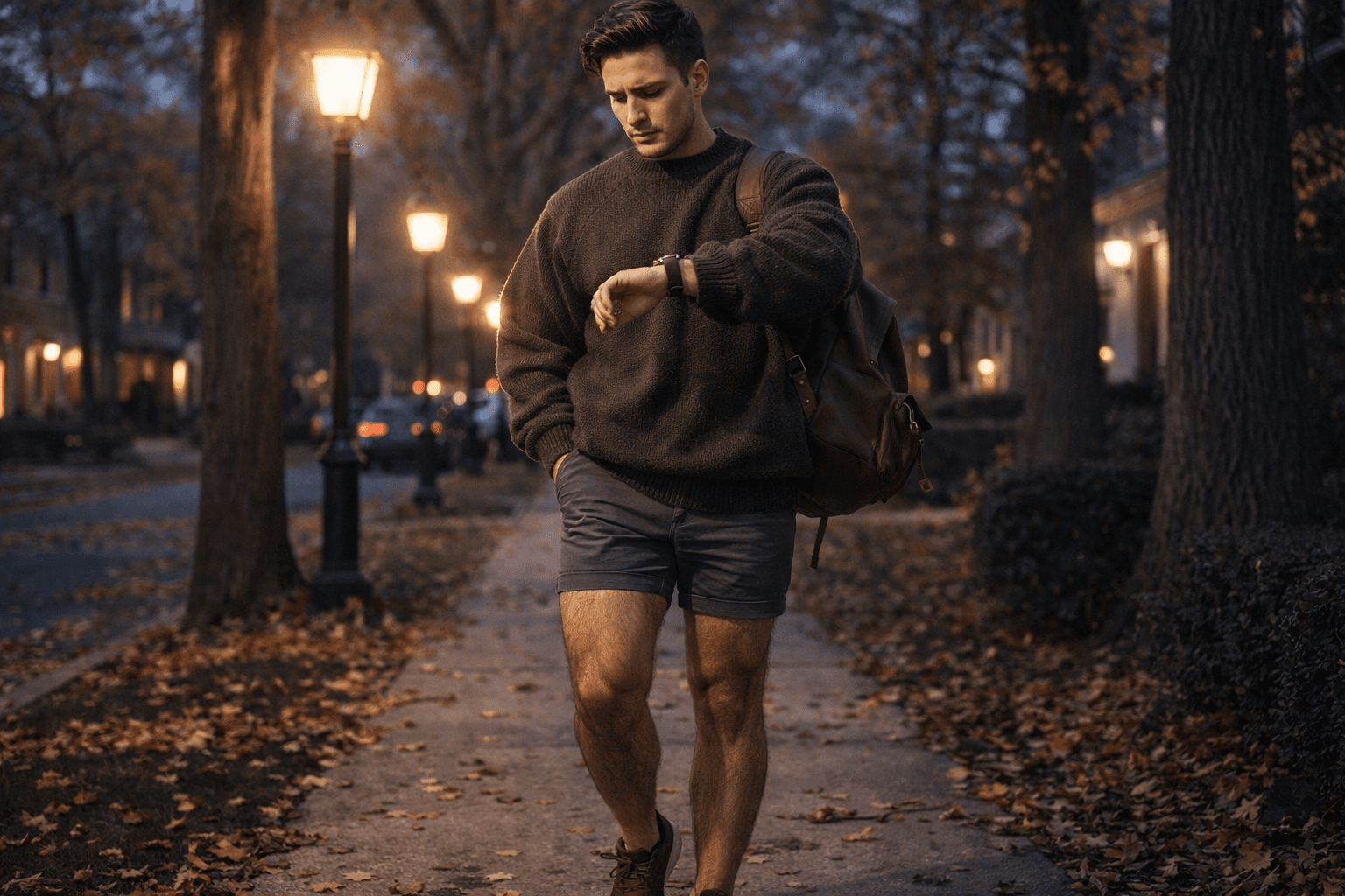 AI generated: In a cold night in the beginning of Autumn. 
The model is walking on the sidewalk in a very nice nei...