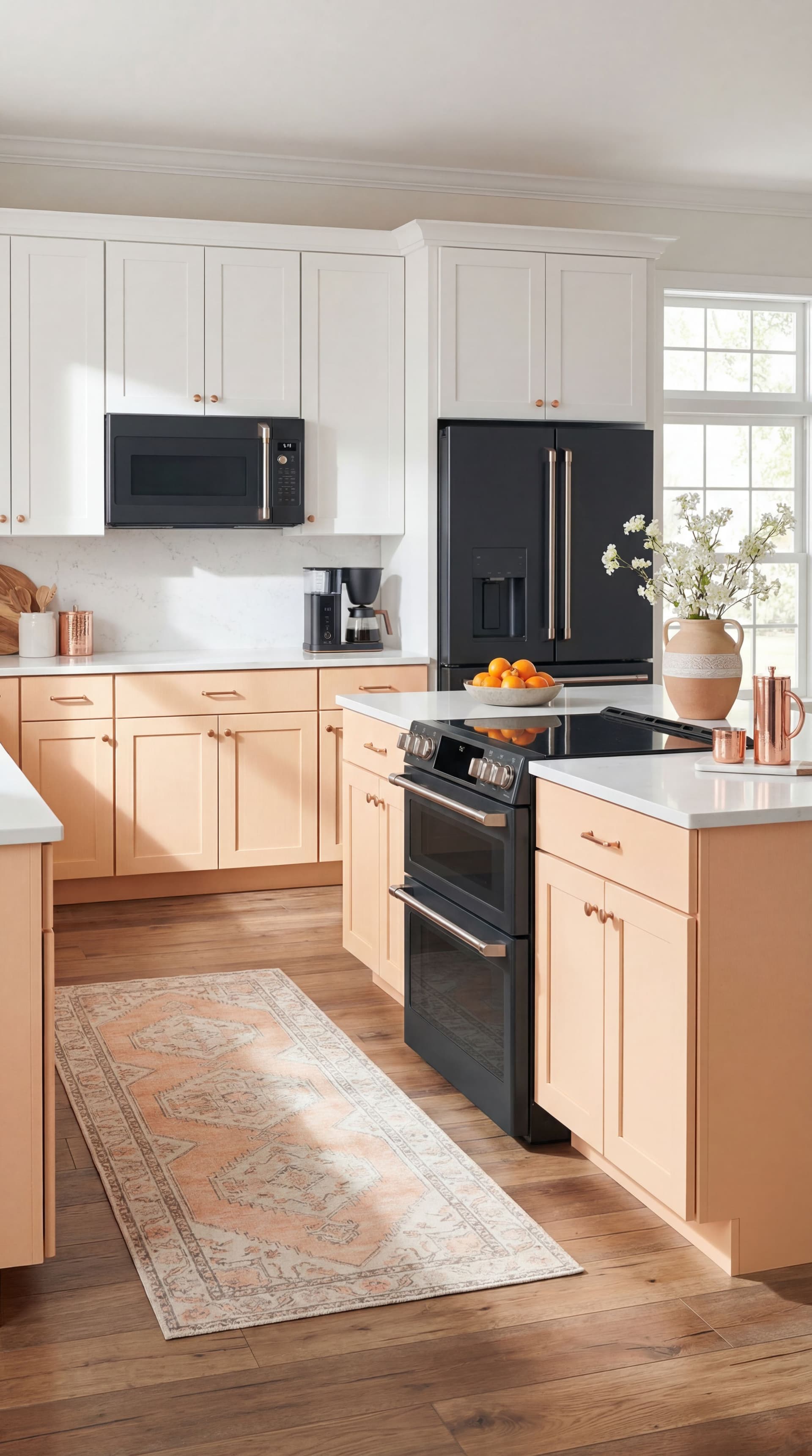 AI generated: Turn into lifestyle photo. Luxury White and Light pastel Orange. Kitchen cabinets and environment.  