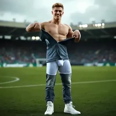 AI generated video: Ripping off pants,  white underwear, flexing biceps 