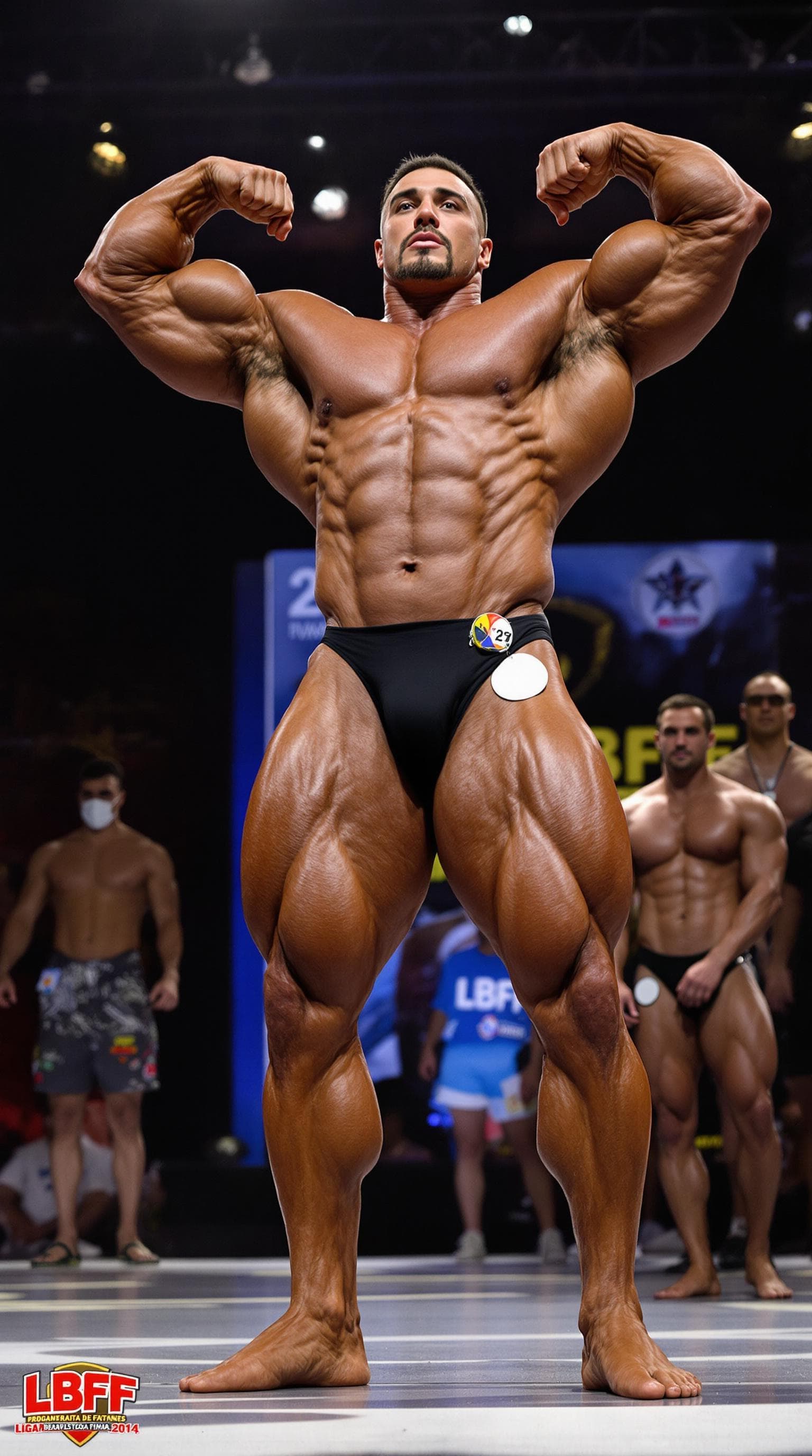 AI generated: A gigantic, dry, extremely muscular and hairy American (Caucasian) Classic Physique bodybuilder perf...
