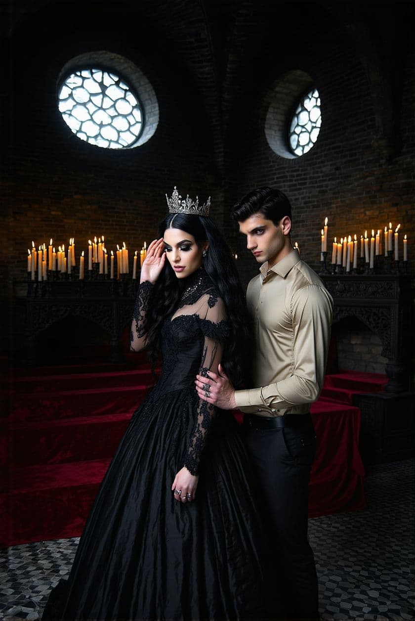 AI generated: Full shot of a woman and a man in a dimly lit, gothic interior. 

The woman, positioned slightly to ...