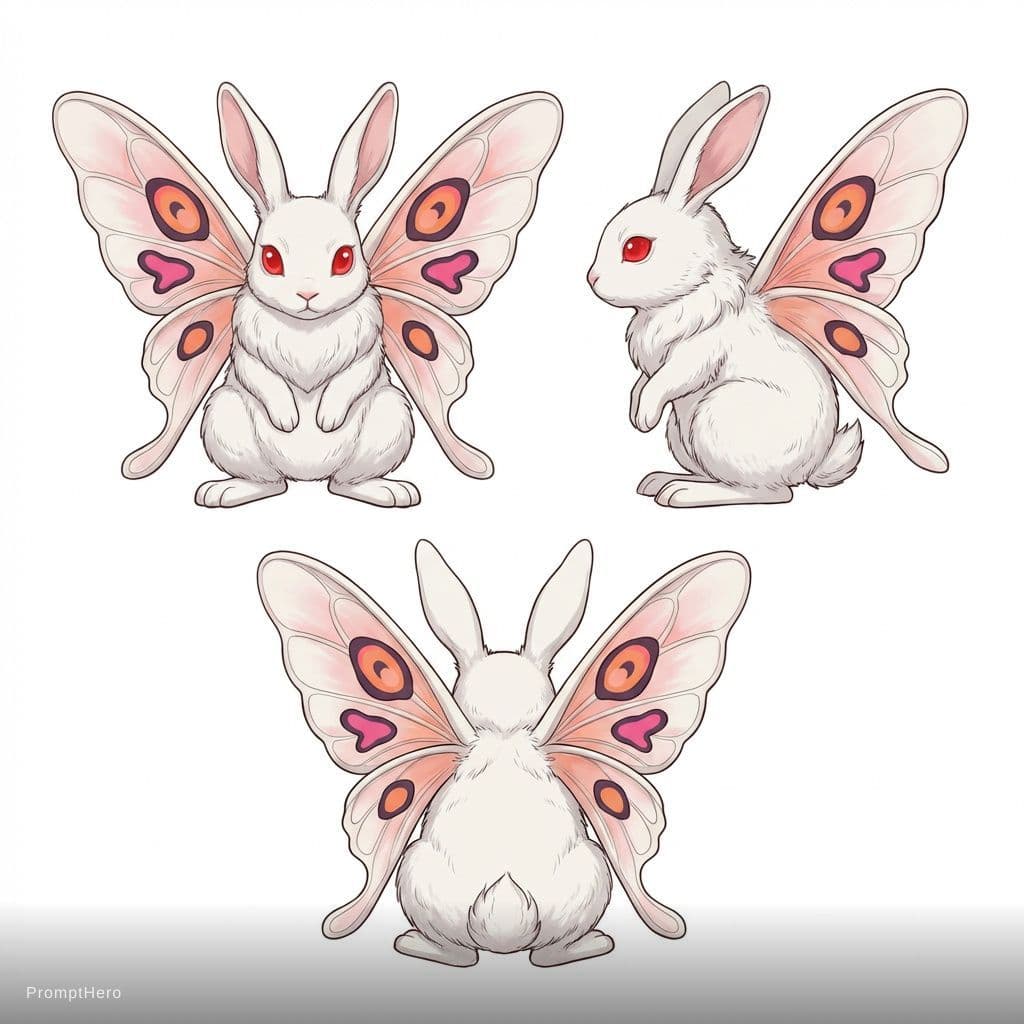 AI generated: orthographic three-view character sheet of a cute fantasy rabbit creature, front view, side view, ba...