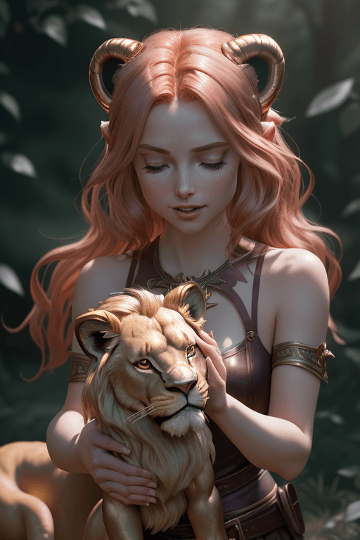 AI generated: ( a cute little Rose Gold haired girl with real devil horns Petting a Rose Gold Lion), In a stunning...