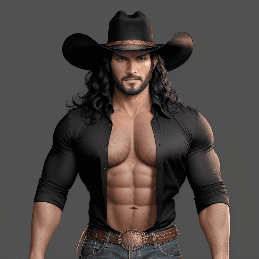 AI generated: hollywood, black wavy hair, muscular, standing, wearing a stetson, perfect eyes, perfect face, color...