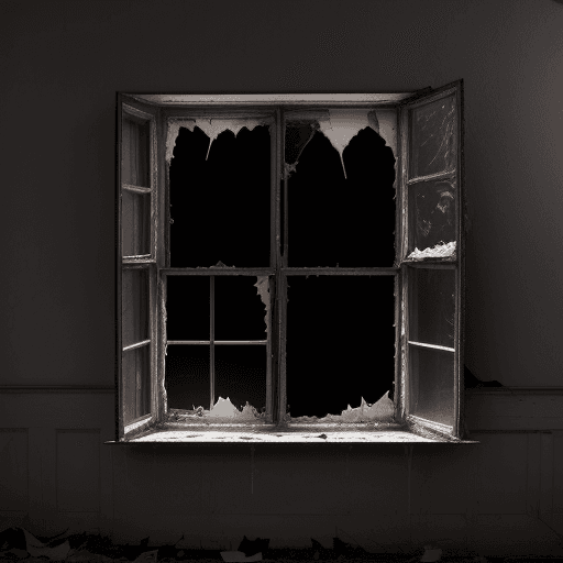 AI generated: dark Colored Second floor window from outside of an abandoned, old, haunted and dark house, the wind...