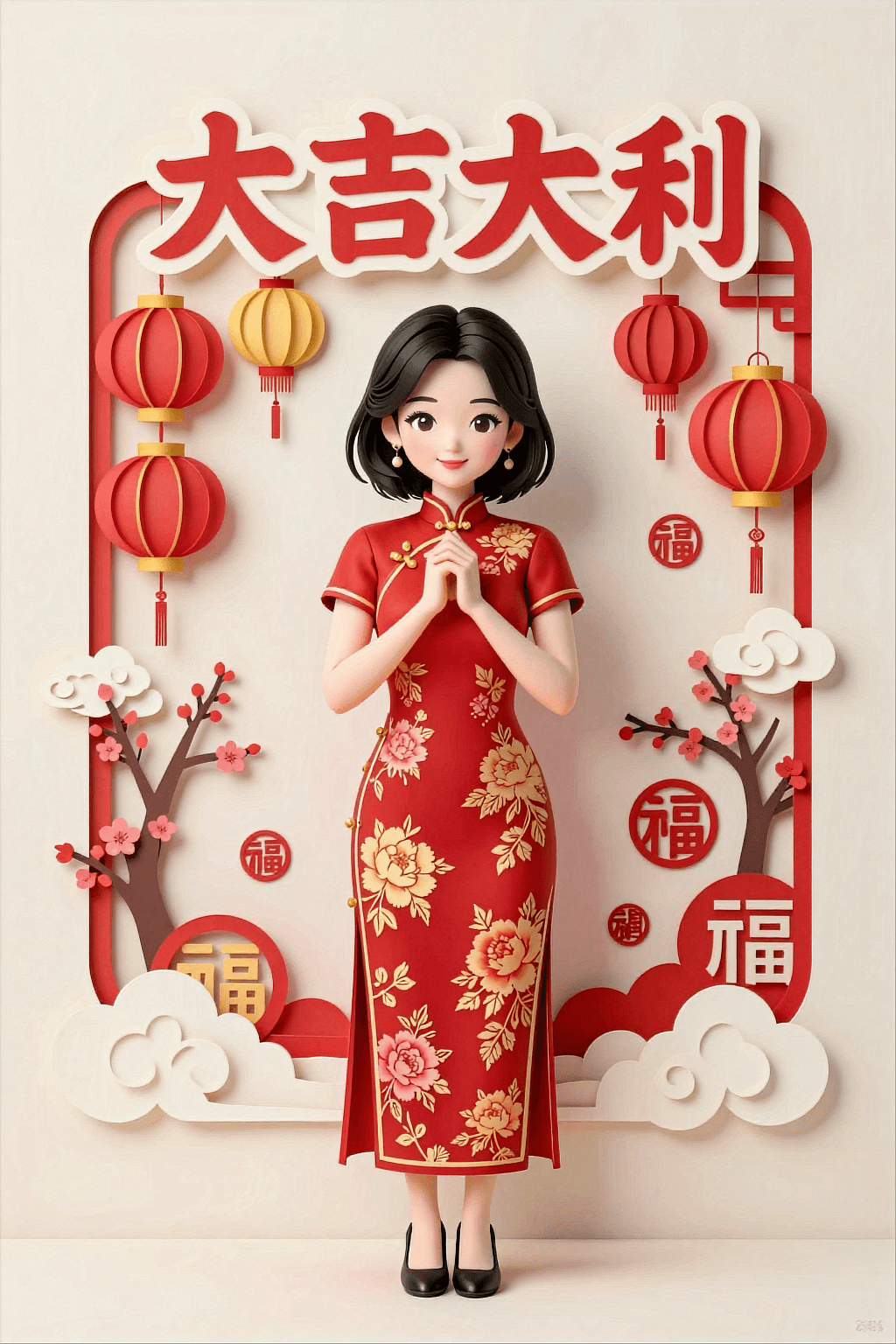 AI generated: A highly detailed 3D paper-cut illustration of a charming young East Asian woman in a traditional ch...