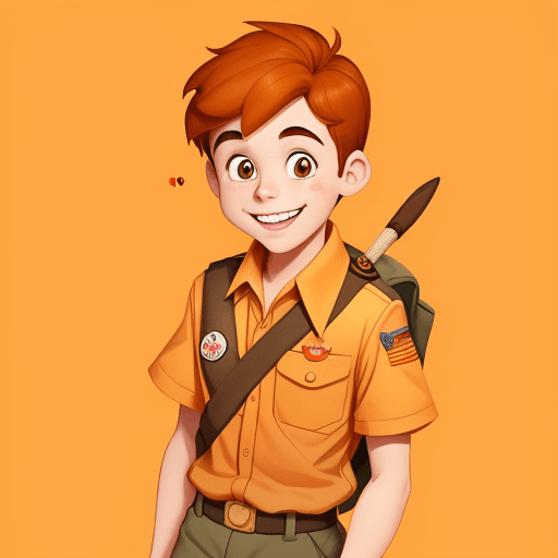 AI generated: a boy scout,  disney style, cartoony, happy,  with a orange gradient background, 