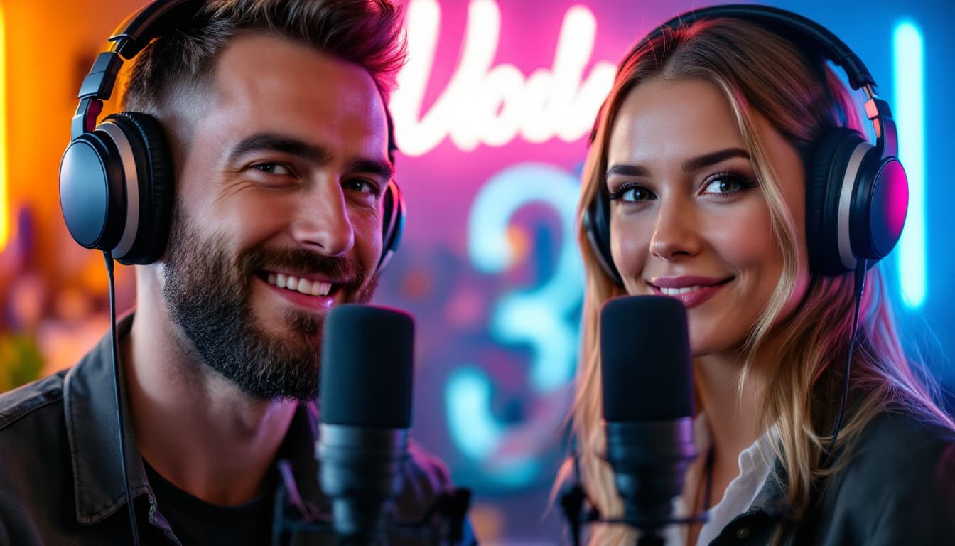 AI generated: Close-up of two Male and female podcast hosts in front of studio mics, blurred neon lights in backgr...
