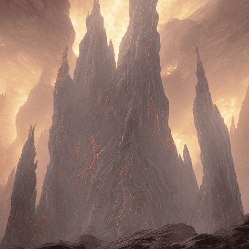 AI generated: 
the architecture in ancient is twisted and grotesque, with towering spires, jagged rocks, and massi...