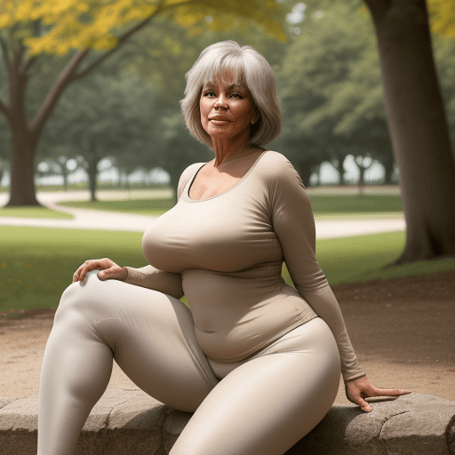 AI generated: A full body 60 year old woman, voluptuous body, wearing beige tight leggins, sitting with legs open,...