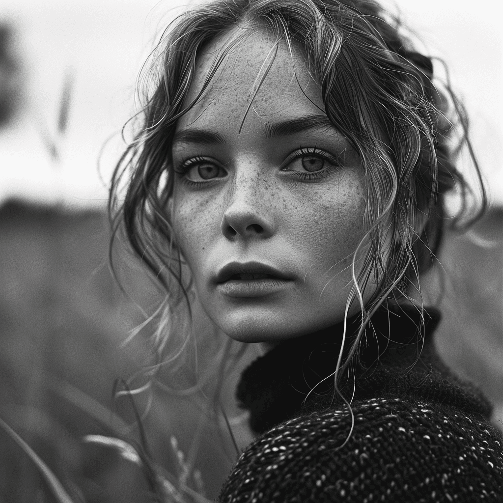 AI generated: a young woman in a black sweater standing in the grass, in the style of hasselblad hc 100mm f/2.2, p...