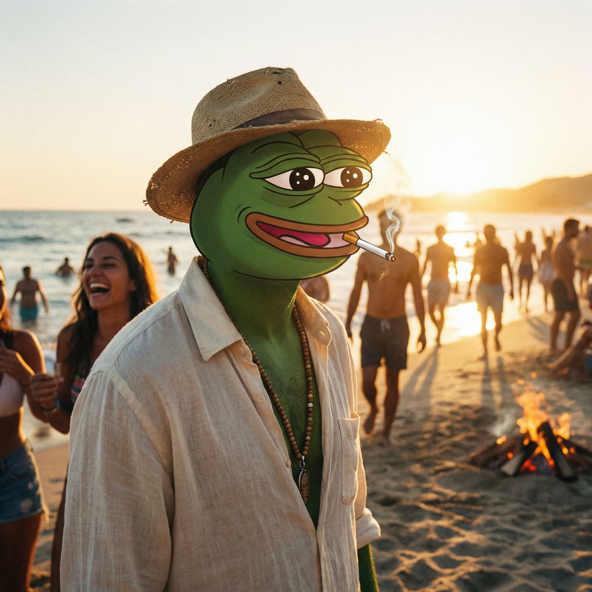 AI generated: Mood & Setting: A golden-hour beach, warm and alive with the energy of people in the background.

 C...