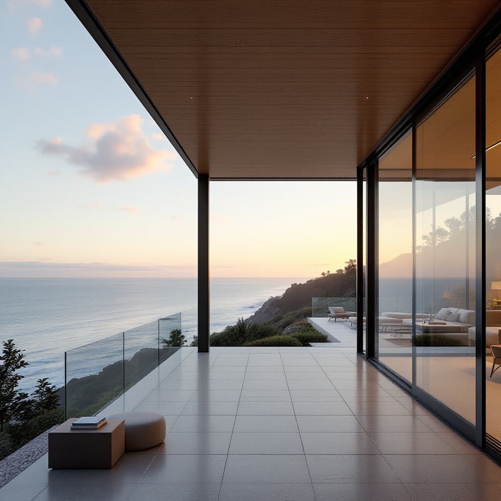 AI generated: Hyper realistic eye level exterior photo of a mid century modern style house overlooking the ocean, ...
