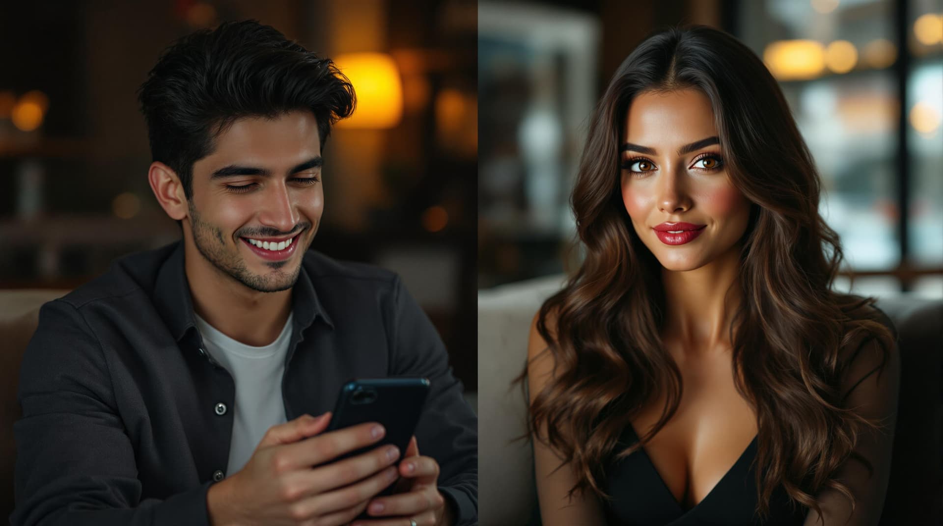 AI generated: "A split-screen view. On the left side, a young man with fair skin, sharp yet approachable facial fe...