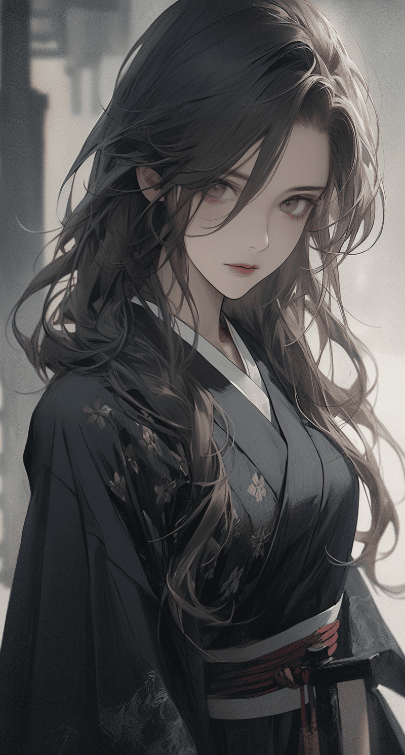 AI generated: a girl in black wears an asian robe posing for a photo, in the style of artgerm, historical genre sc...