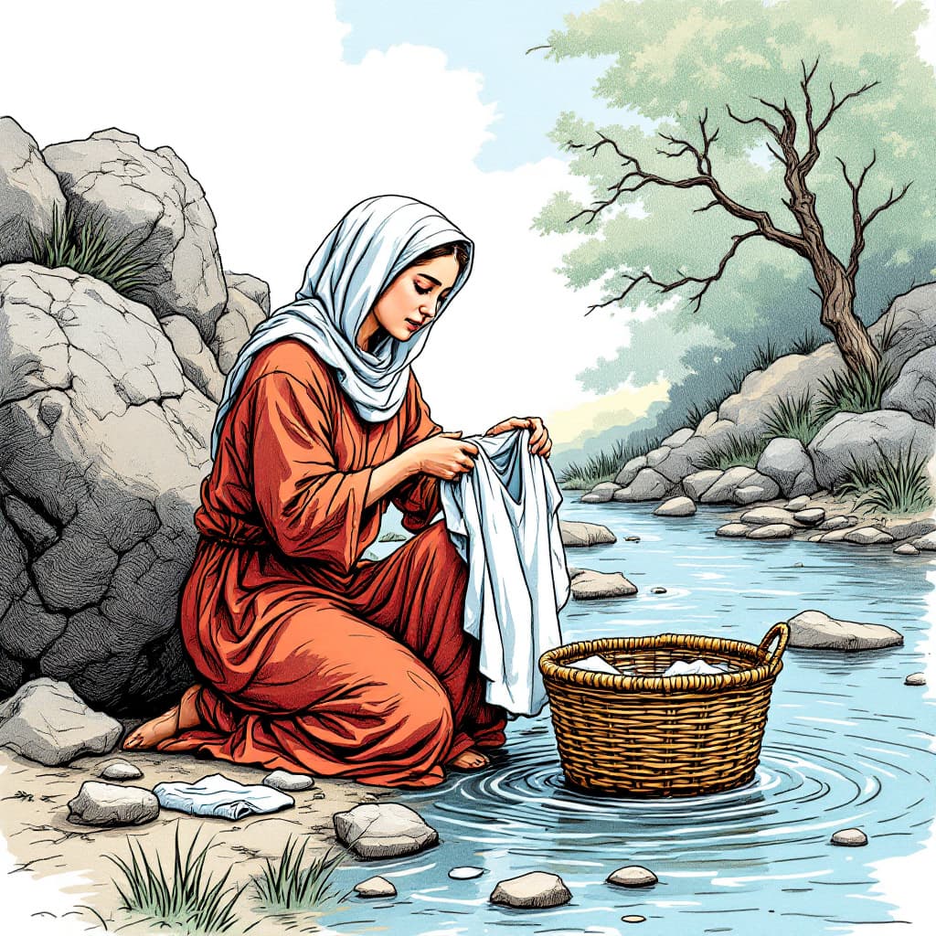 AI generated:  Laundry Day
 a colored pencil and ink style image of a Biblical woman kneeling at the side of a sma...