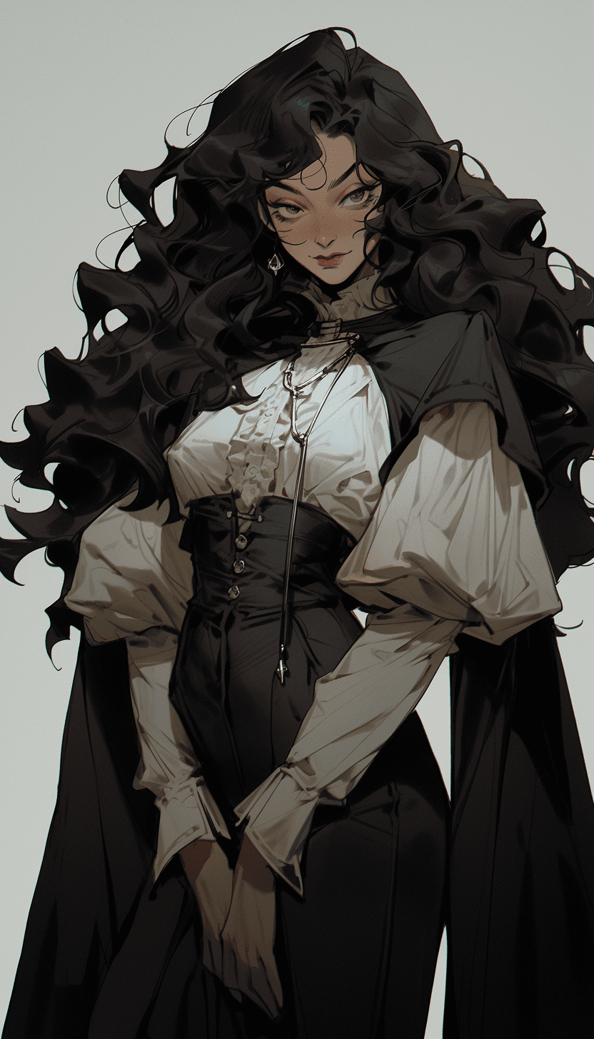 AI generated: Castlevania anime art style, Castlevania anime inspired, young woman, curly brown hair, brown eyes, ...