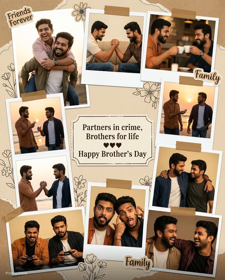 AI generated: Ultra realistic cinematic Brother-Brother scrapbook collage using the TWO uploaded reference photos ...