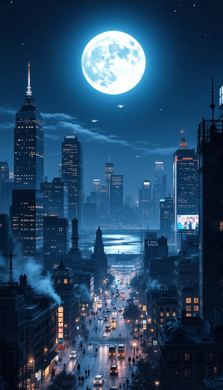 AI generated: A brilliant white full moon shines high in the night sky above a sprawling modern metropolis, bathin...