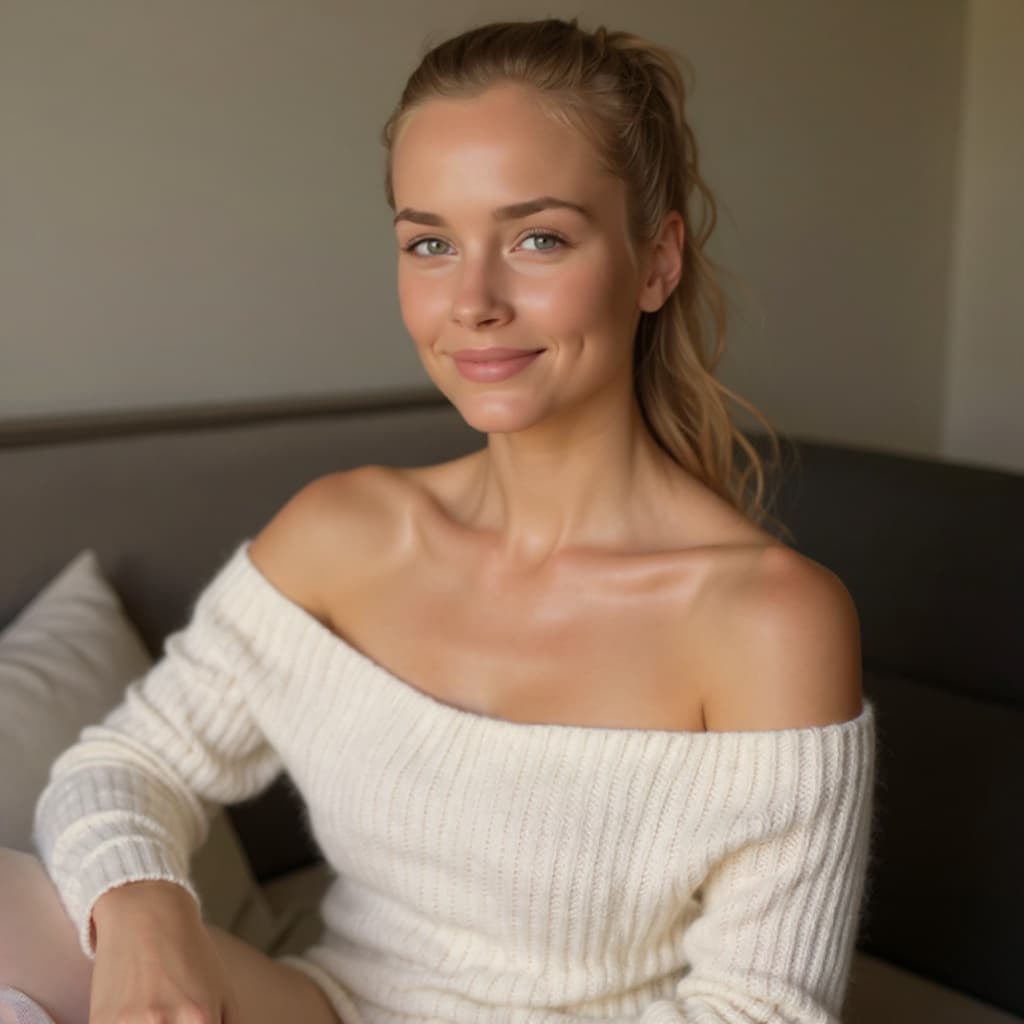 AI generated: fantasy art, woman , young, messy ponytail dark blonde hair, grey  eyes, sitting on sofa, small brea...