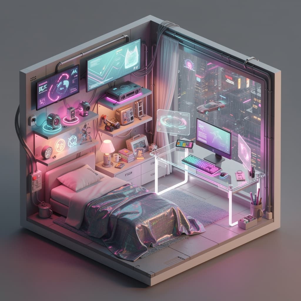 AI generated: cute isometric cyberpunk bedroom, cutaway box, futuristic, highly detailed, made with blender --v 4