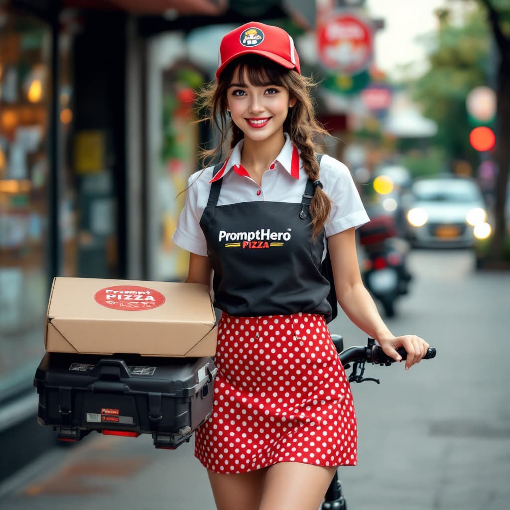 AI generated: a pertty female, pizza shop uniform,mini skirt,E-Scooter, deliver pizza,the pizza box logo"PromptHer...