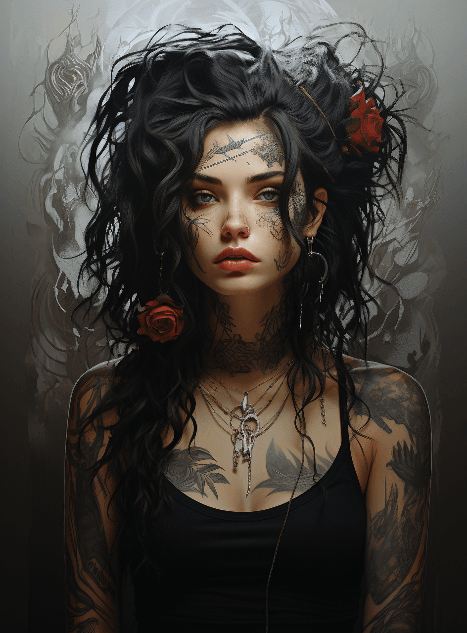 AI generated: a dark vampire character with hair and tattoo, in the style of natalia drepina, captivating gaze, wi...