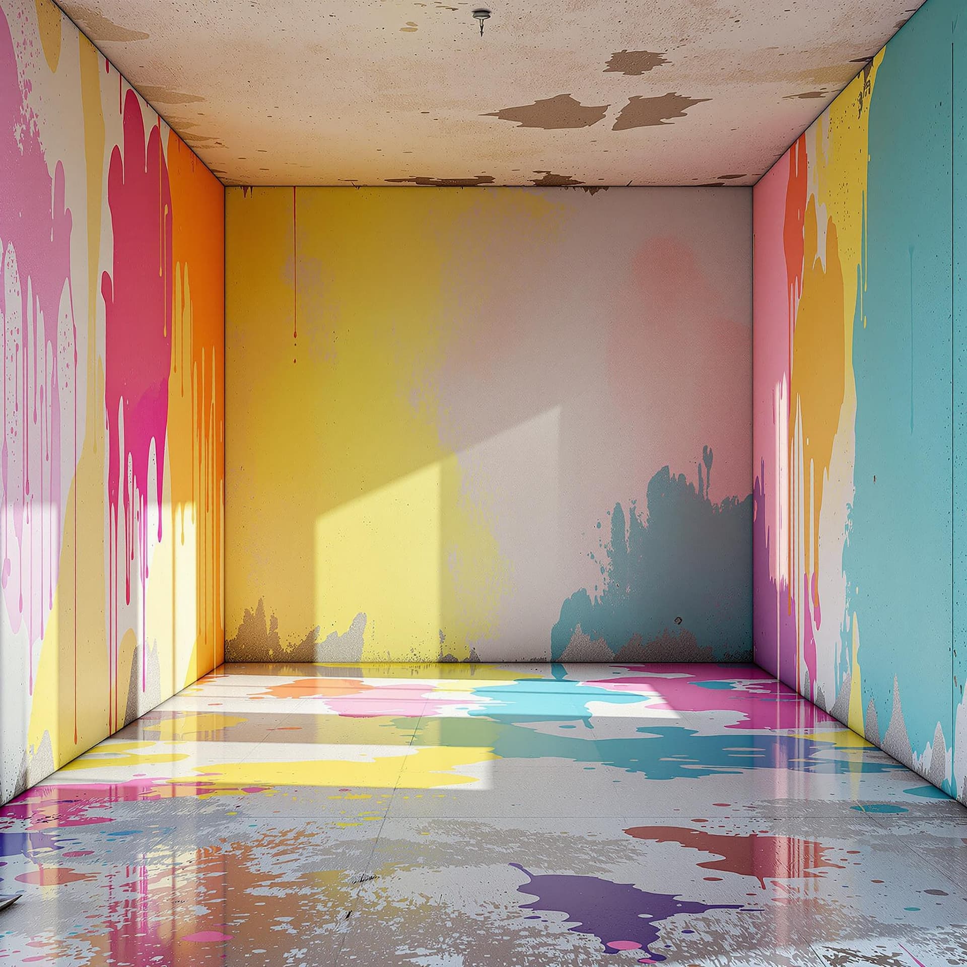 AI generated: empty colorful abstract room with 4 walls no windows, colorful paint spills on the floor, slight dec...