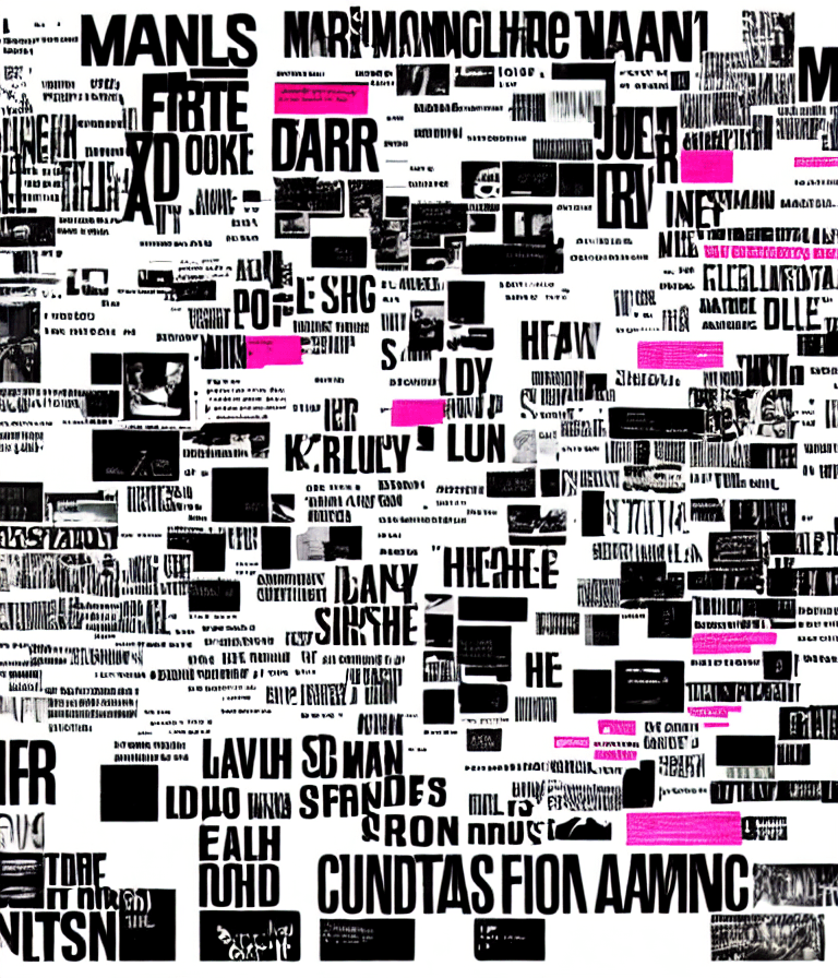 AI generated: manifest titles, collages, very large words, David Carson style