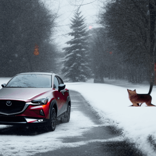 AI generated: red mazda cx-30 with license plate 'AB RM 1303' and a grey cat beside the car in a snowy winter land...