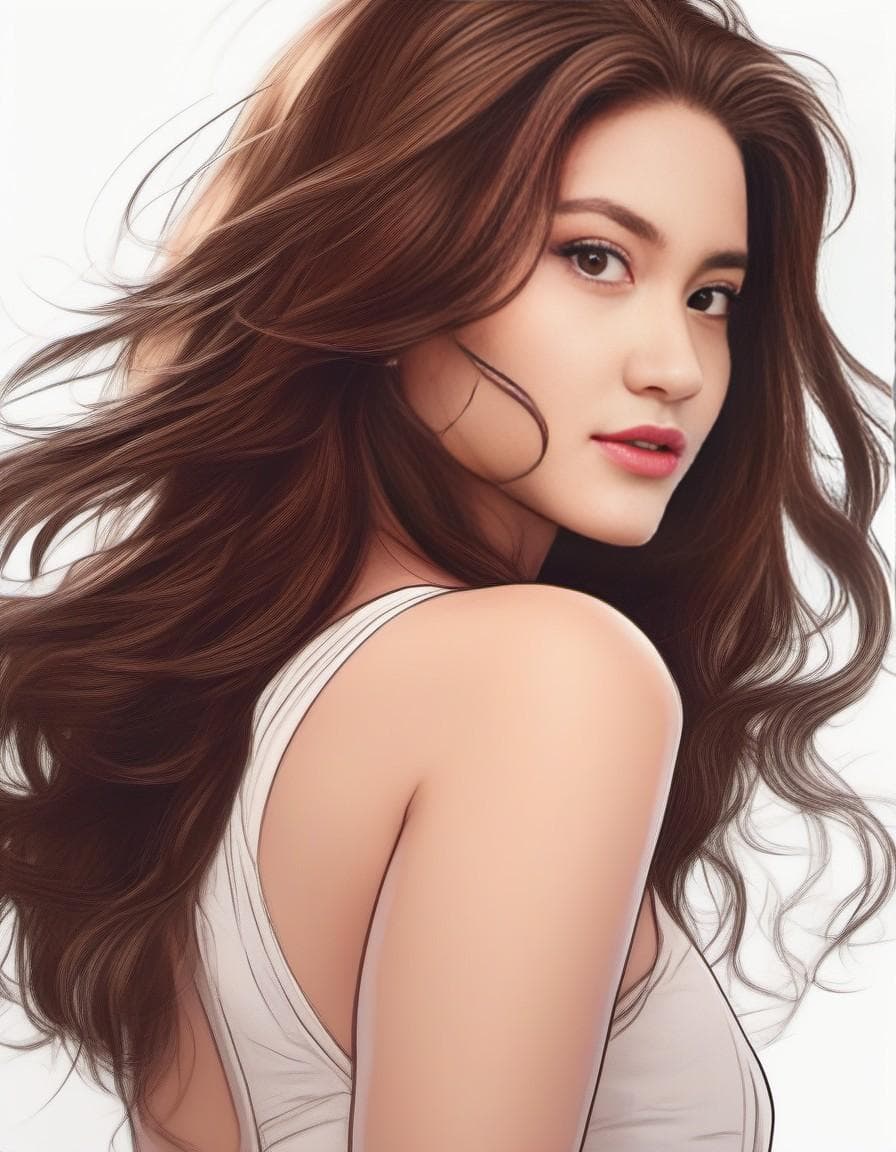 AI generated: stunning digital illustration of a 20yo girl showing her back to camera, posing, long hair, alluring...