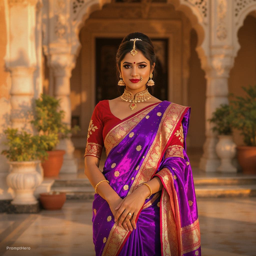 AI generated: Hot indian womannweared red bra and purple 
saree