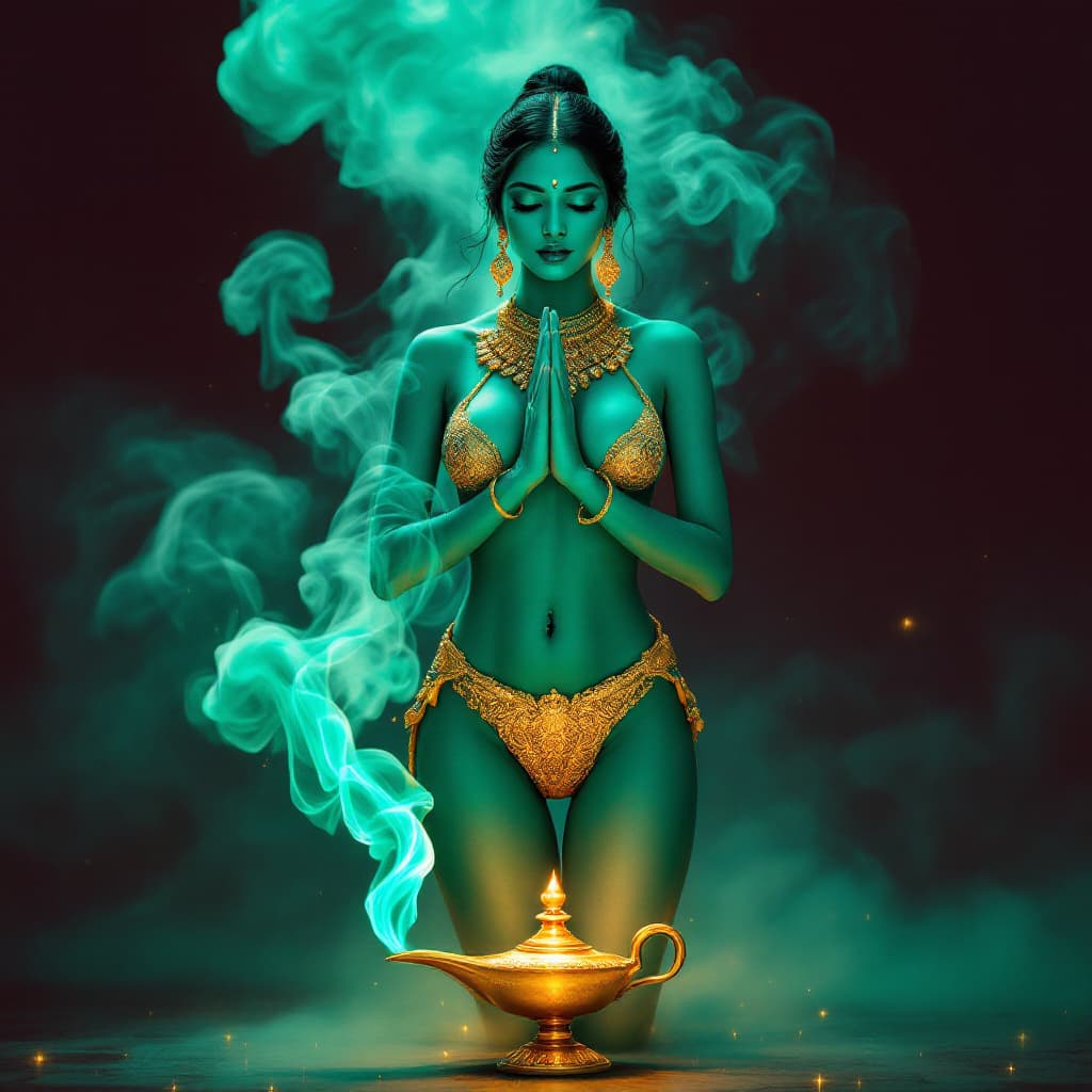 AI generated: An Indian woman with turquoise skin and neat wedding hairstyle stands directly in front of the camer...