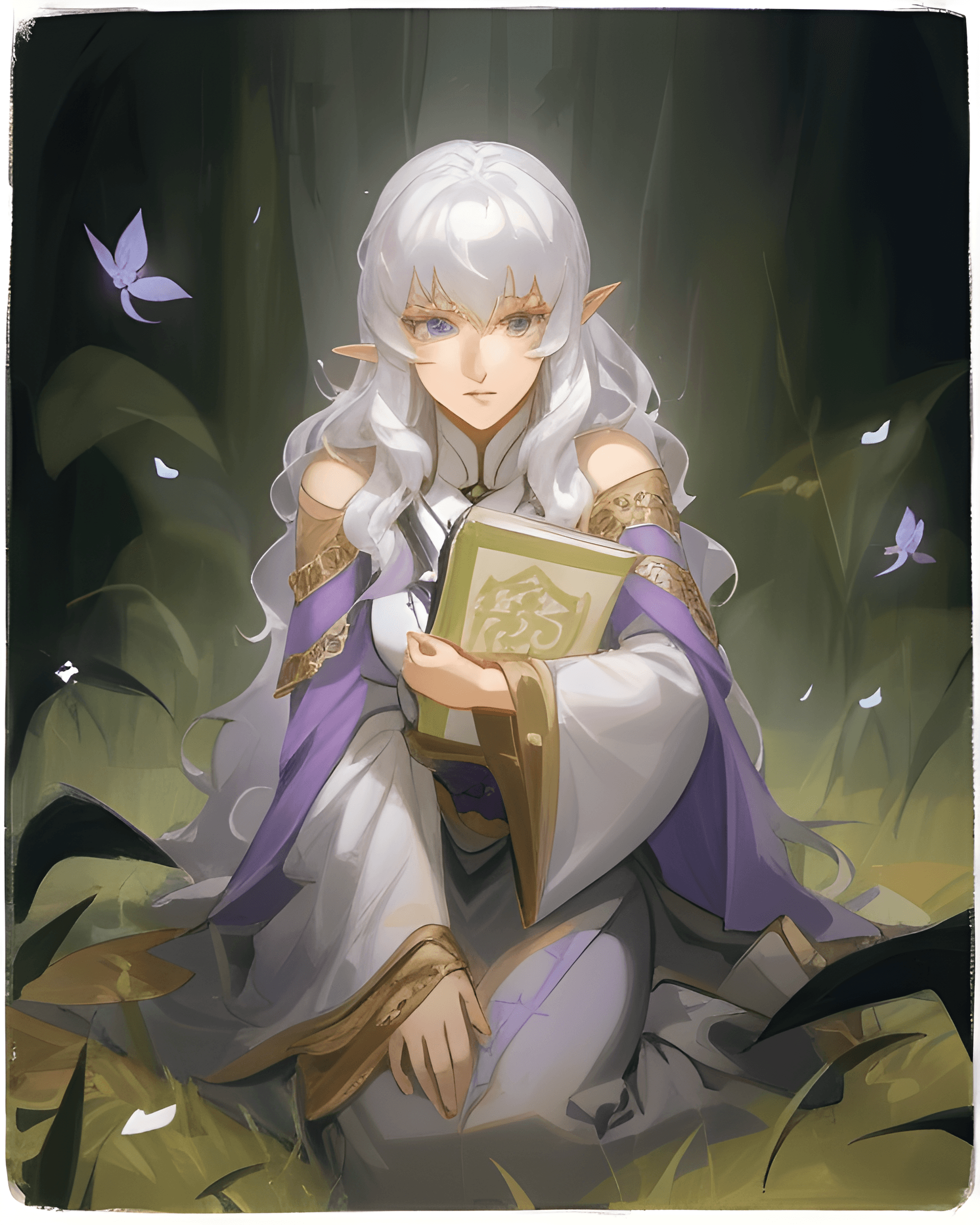 AI generated: a woman sitting on the ground reading a book, an anime drawing, by Yang J, fantasy art, griffith fro...