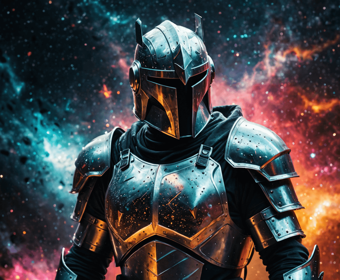 AI generated: Cosmic Fallen Knight, Cosmic Gray, Strangely, horrid, Very bright colors, Light particles, There is ...
