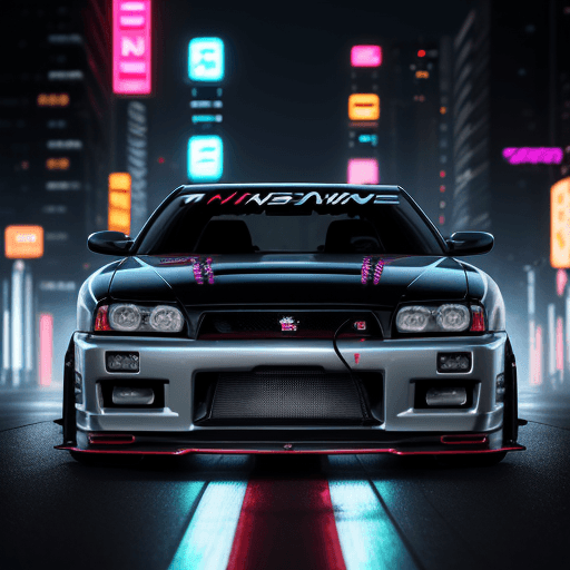 AI generated: a nissan skyline R34, Electrifying scene captures a stunning woman <lora:myownface:1> on the hood of...