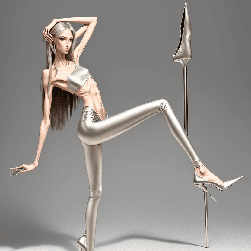 AI generated: photo of an extremely skinny, flat-chested model with extreme long and skinny legs with extreme long...