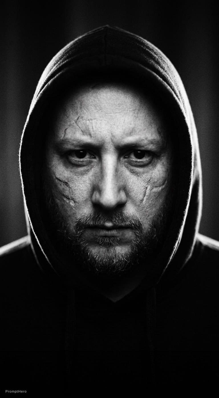 AI generated: A man with scars on his face wearing a hoodie with a serious expression in a dark room, backlit with...