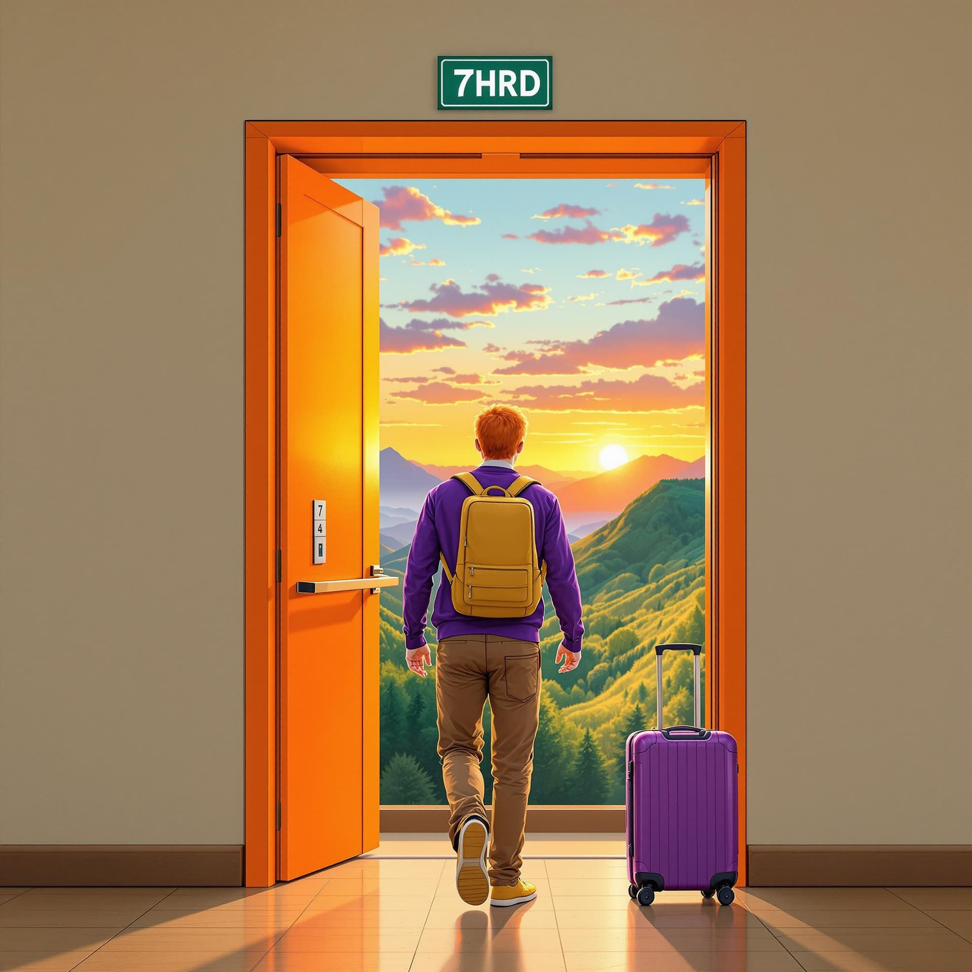 AI generated: an orange elevator opened, marking the thrid floor, with a view to the sunset sky and green mountain...