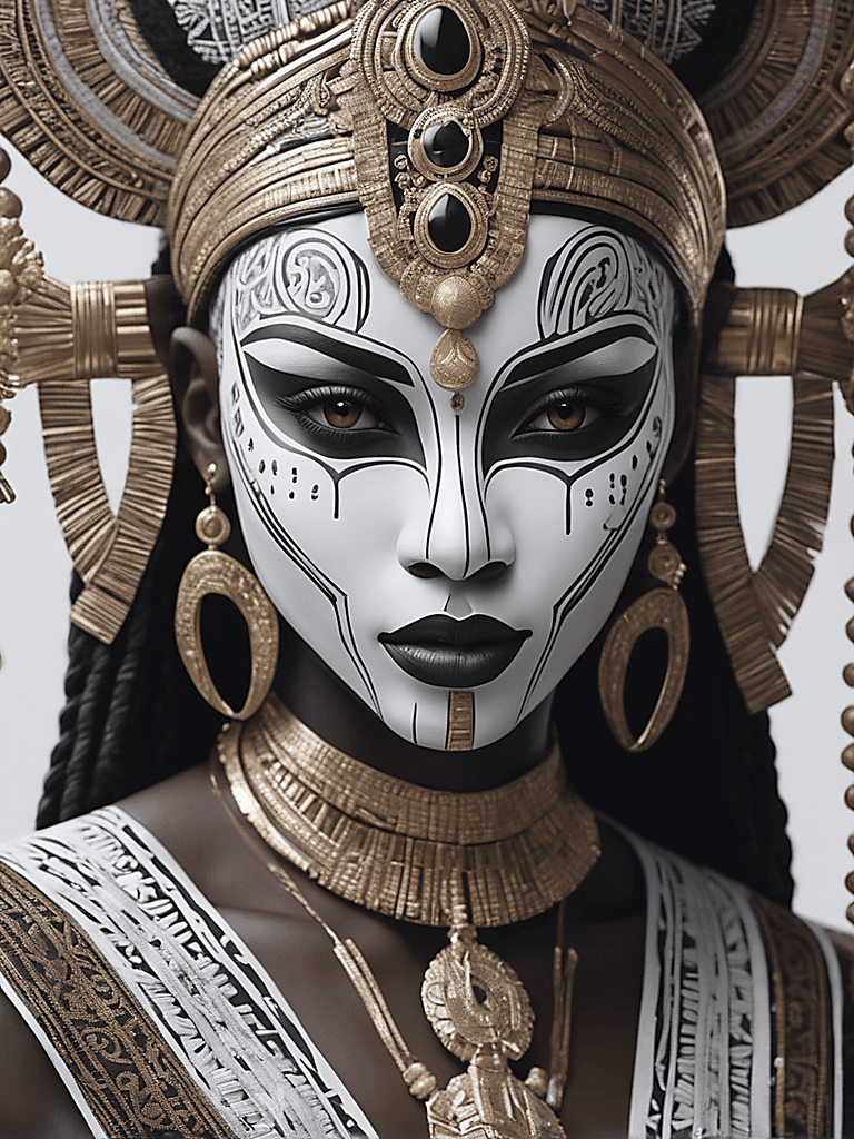 AI generated: intricate closeup-shot, masterpiece artwork, skin-tight body, tribal suit, black accent