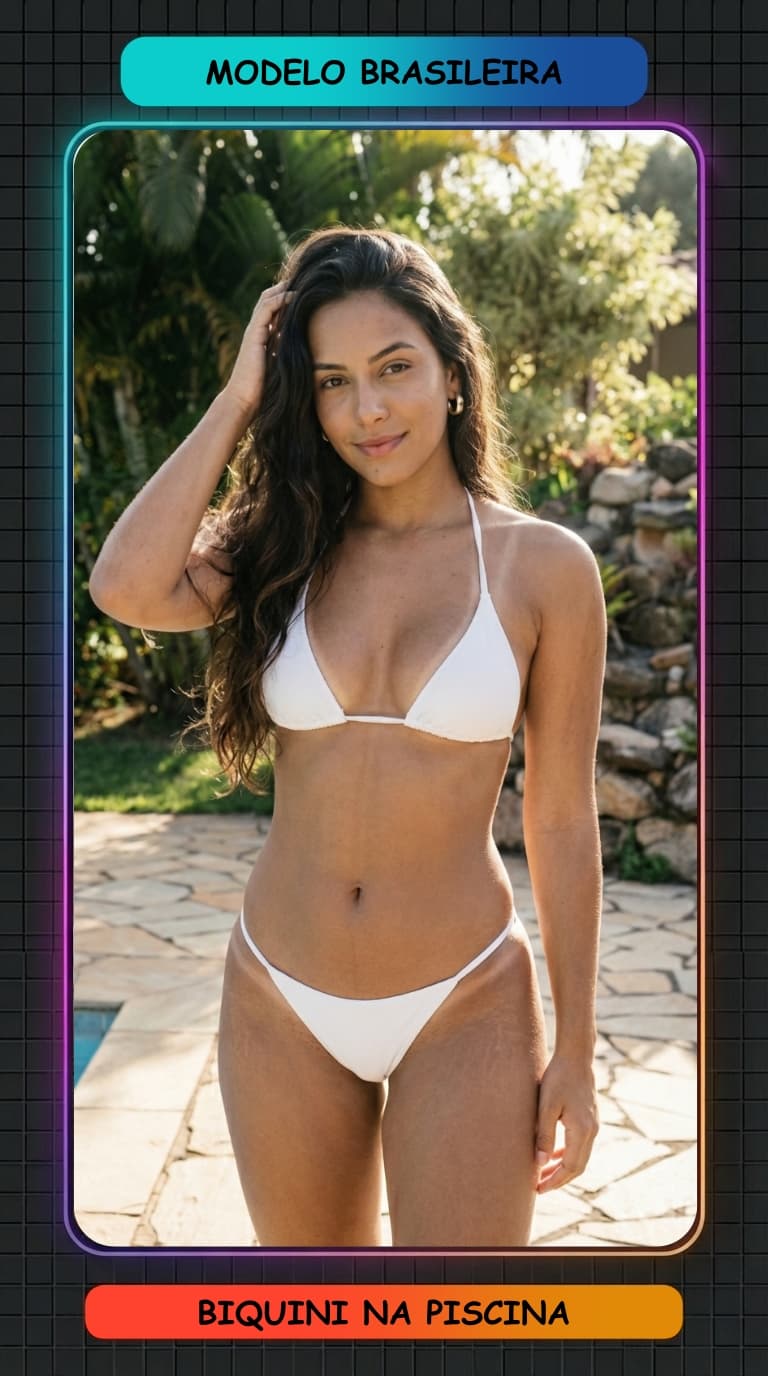 AI generated: Ultra-realistic photograph of a tanned Brazilian woman, with visible bikini tan lines, standing cent...