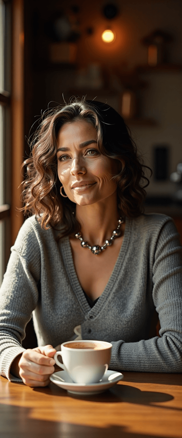 AI generated: GozdeSeker, a 45 years old woman with olive skin and dark, wavy hair, sits in a cozy coffee shop. Sh...