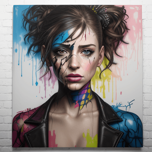 AI generated: a hyperealistic. colorful painting of a woman with graffiti splashed on it, in the style of patrick ...