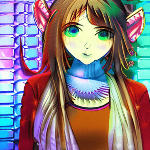 AI generated: a woman with a cat ears and a dress on is standing in front of a colorful background, anime style 4 ...